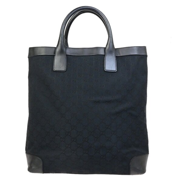 GUCCI Logo GG Pattern Hand Tote Bag Canvas Leather Black Italy - Picture 1 of 14